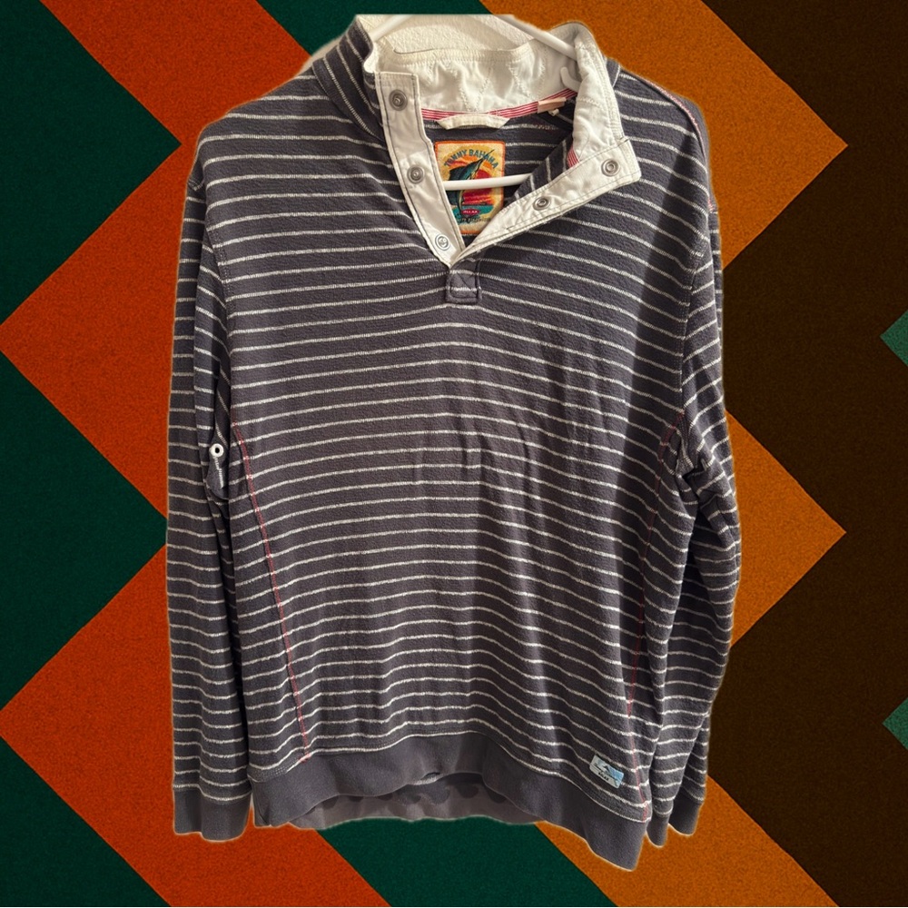 Tommy Bahama Mens Medium stripes Sweater Gray Relax Cotton V Neck Snap Closure